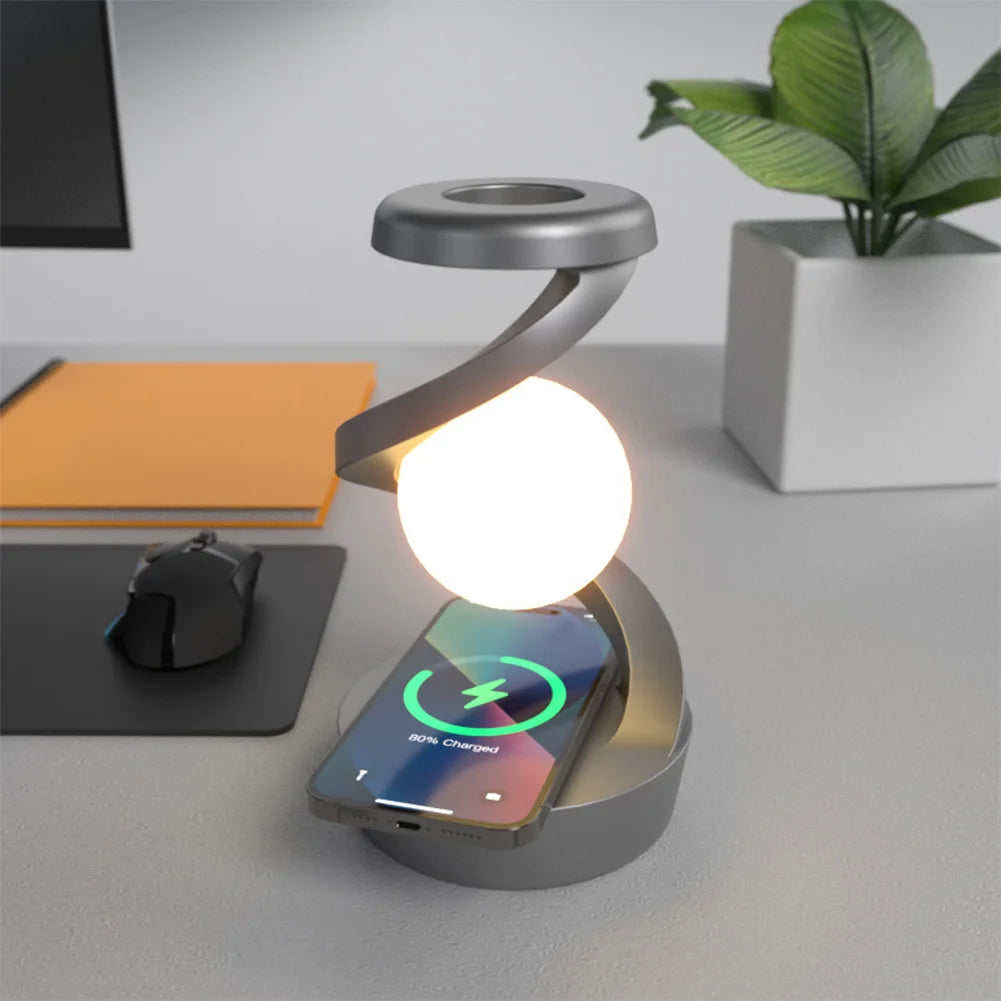 Aluminum Alloy Decompression Hypnosis Rotary Gyro Fingertip Kinetic Levitating Spinner RGB Ball Lamp with Wireless Phone Charger