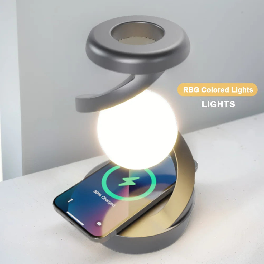 Aluminum Alloy Decompression Hypnosis Rotary Gyro Fingertip Kinetic Levitating Spinner RGB Ball Lamp with Wireless Phone Charger